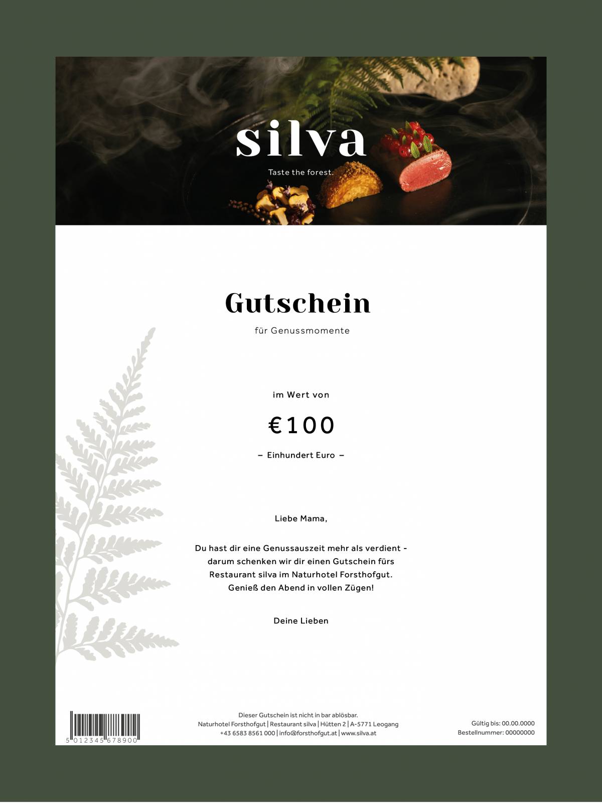 Silva Restaurant Gutschein: Vorlage für einen edlen Restaurant-Gutschein, inspiriert von Wald- und Naturdesign